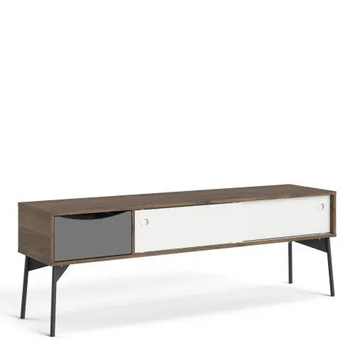 Fur TV-Unit 2 sliding Doors + 1 Drawer in Grey, White and Walnut