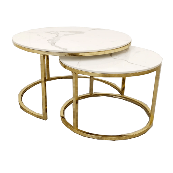 Cato Nest of 2 Short Round Coffee Gold Tables with Polar White Sintered Stone Tops grey nest of tables | Nest Of Table | Home Store UK