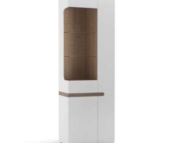 Chelsea Living Tall Glazed Narrow Display unit (RHD) in white with an Truffle Oak Trim small display cabinet