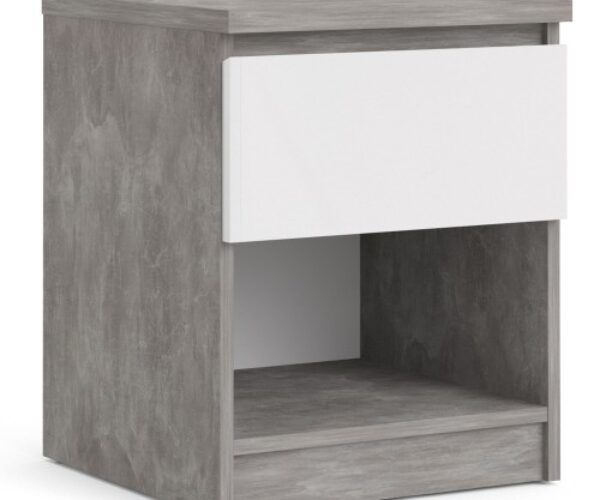 Naia Bedside 1 Drawer 1 Shelf in Concrete and White High Gloss