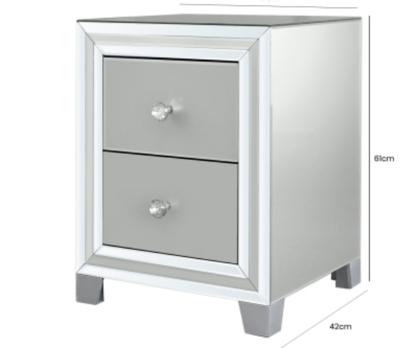 HUSK- Grey Manhattan Mirror 2 Drawer Bedside Cabinet