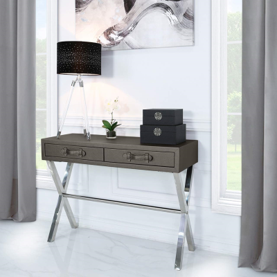 HSUK- Pewter and Stainless Steel Faux Leather 2 Drawer Console Table - Living Room - Home Store UK - Furniture Store In UK