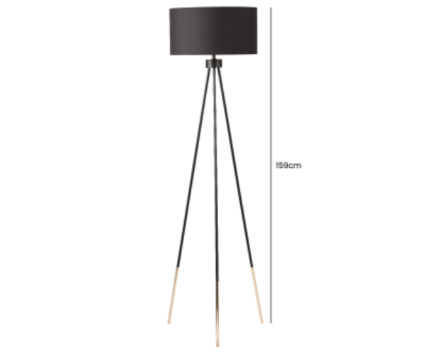 HSUK- Black and Gold Tripod Floor Lamp with Black Linen Shade Gold Inside