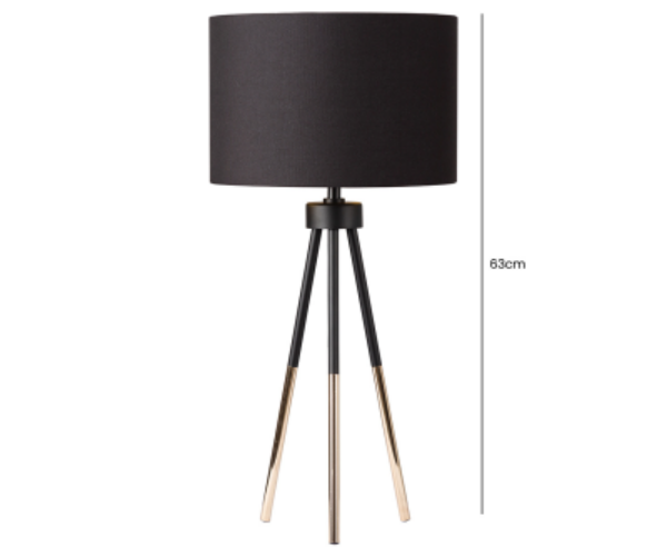 HSUK- Black and Gold Tripod Table Lamp with Black Linen Shade Gold Inside