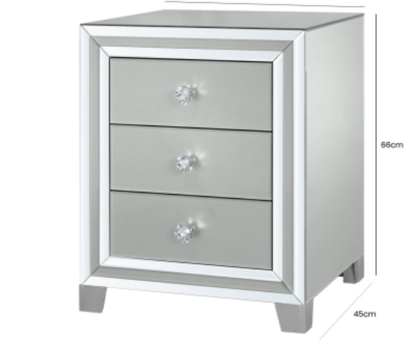 HUSK- Grey Mirror 3 Drawer Bedside Cabinet