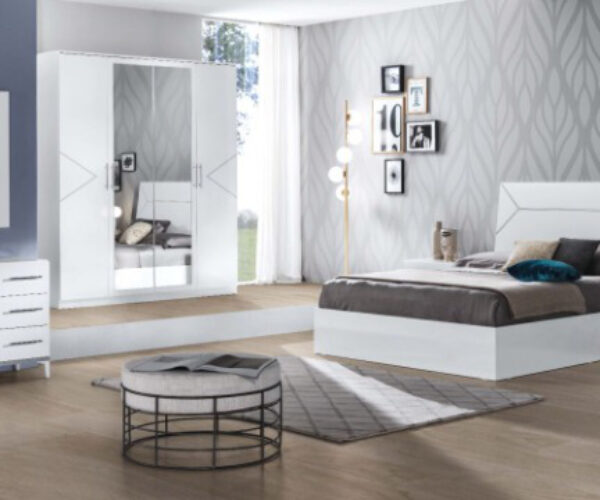 Ben Company Elegance White and Silver Finish Italian Bed Group Set with 4 Door Wardrobe