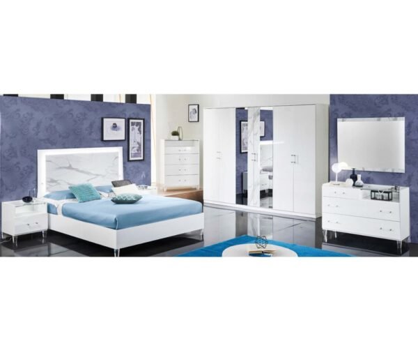 Ben Company Cristal White Marble Finish Italian Bedroom Set with 6 Door Wardrobe