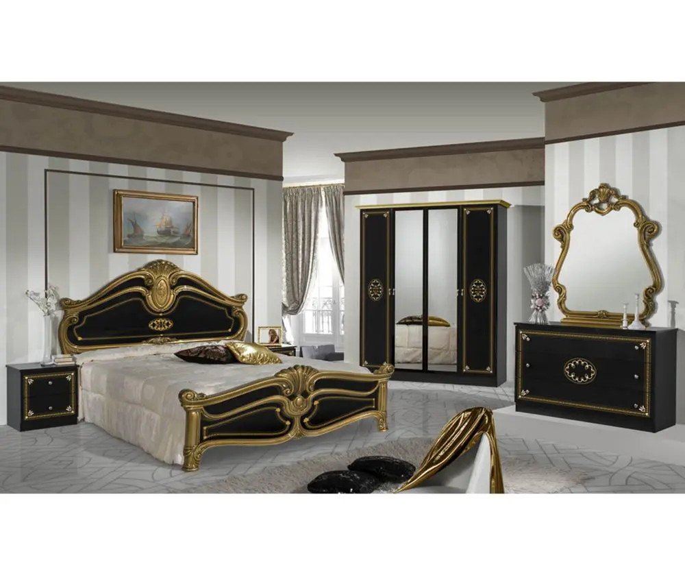 Dima Mobili Amalfi Black and Gold Bedroom Set with 4 Door Wardrobe