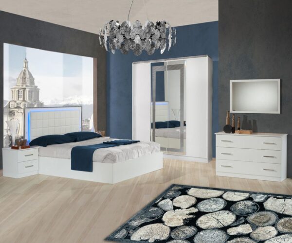 Ben Company Ambra White Finish Italian Bed Group Set with 4 Door Wardrobe