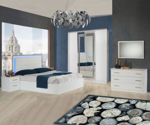 Ben Company Ambra White Finish Italian Bed Group Set with 6 Door Wardrobe