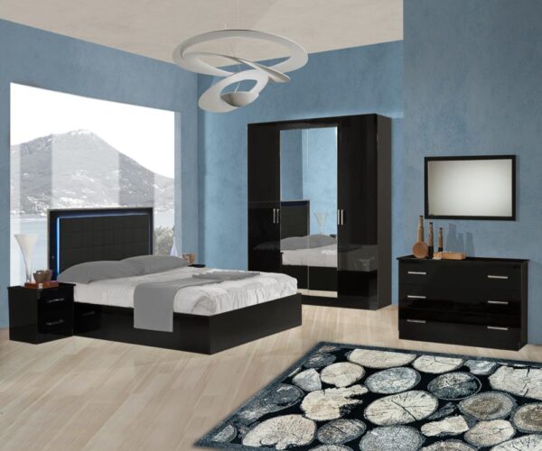 Ben Company Ambra Black Finish Italian Bed Group Set with 4 Door Wardrobe