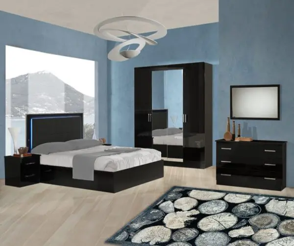 Ben Company Ambra Black Finish Italian Bed Group Set with 4 Door Wardrobe Italian Bedroom Set Home Store UK