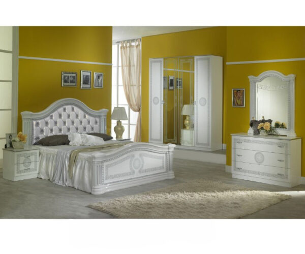 Ben Company New Serena Padded White and Silver Italian Bed Group Set with 6 Door Wardrobe