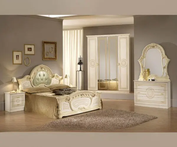 Ben Company Sara Padded Beige Finish Italian Bed Group Set with 4 Door Wardrobe Italian Bedroom Set Home Store UK