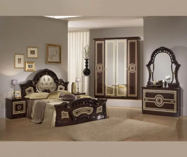 Ben Company Sara Padded Mahogany Italian Bed Group Set with 4 Door Wardrobe Italian Bedroom Set Home Store UK