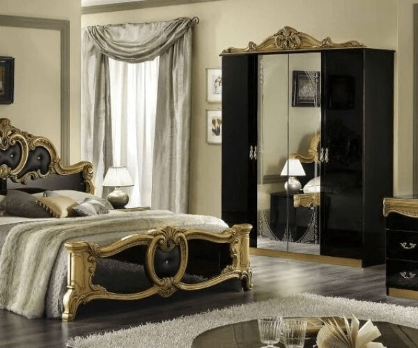 Camel Group Barocco Black and Gold Finish Italian Bedroom Set with Vanity Dresser