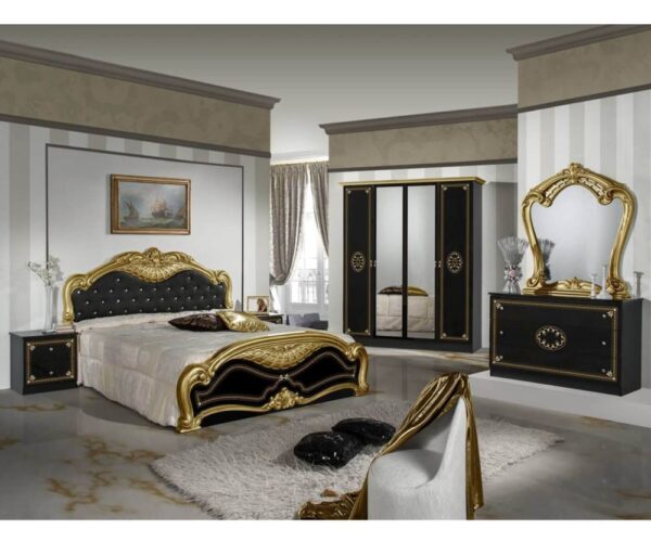 Dima Mobili Lucy Black and Gold Bedroom Set with 6 Door Wardrobe and Upholstered Bed Frame