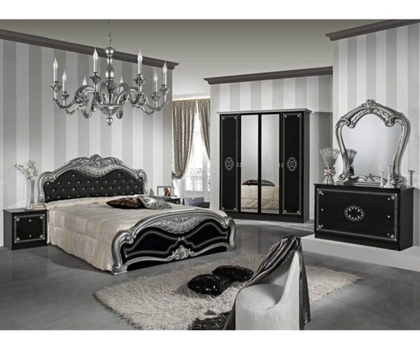 Dima Mobili Lucy Black and Silver Bedroom Set with 4 Door Wardrobe and Upholstered Bed Frame