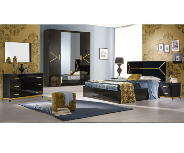 Ben Company Elegance Black and Gold Finish Italian Bed Group Set with 6 Door Wardrobe