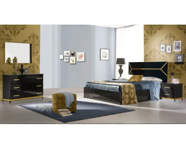 Ben Company Elegance Black and Gold Finish Italian Bed Group Set with 6 Door Wardrobe