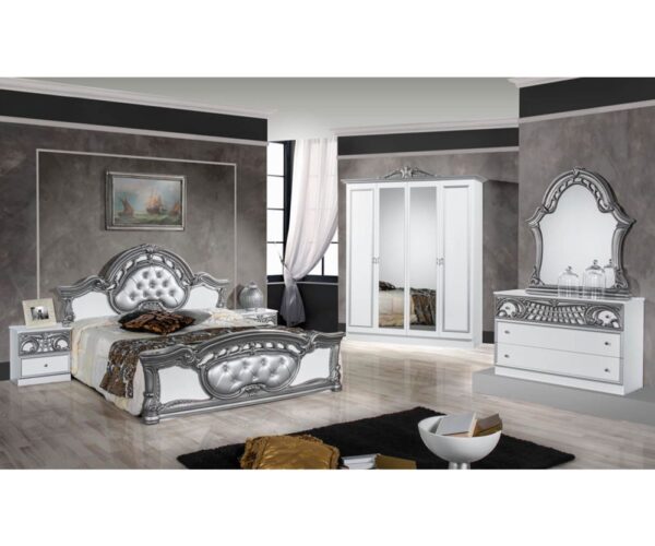 Dima Mobili Marwa White and Silver Bedroom Set with 4 Door Wardrobe