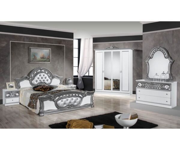 Dima Mobili Marwa White and Silver Bedroom Set with 4 Door Wardrobe Italian Bedroom Set Home Store UK