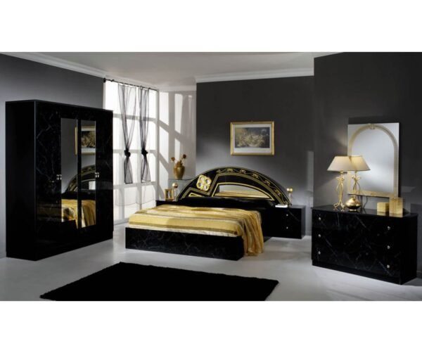 Dima Mobili Salwa Marble Black and Gold Bedroom Set with 4 Door Wardrobe Italian Bedroom Set Home Store Uk