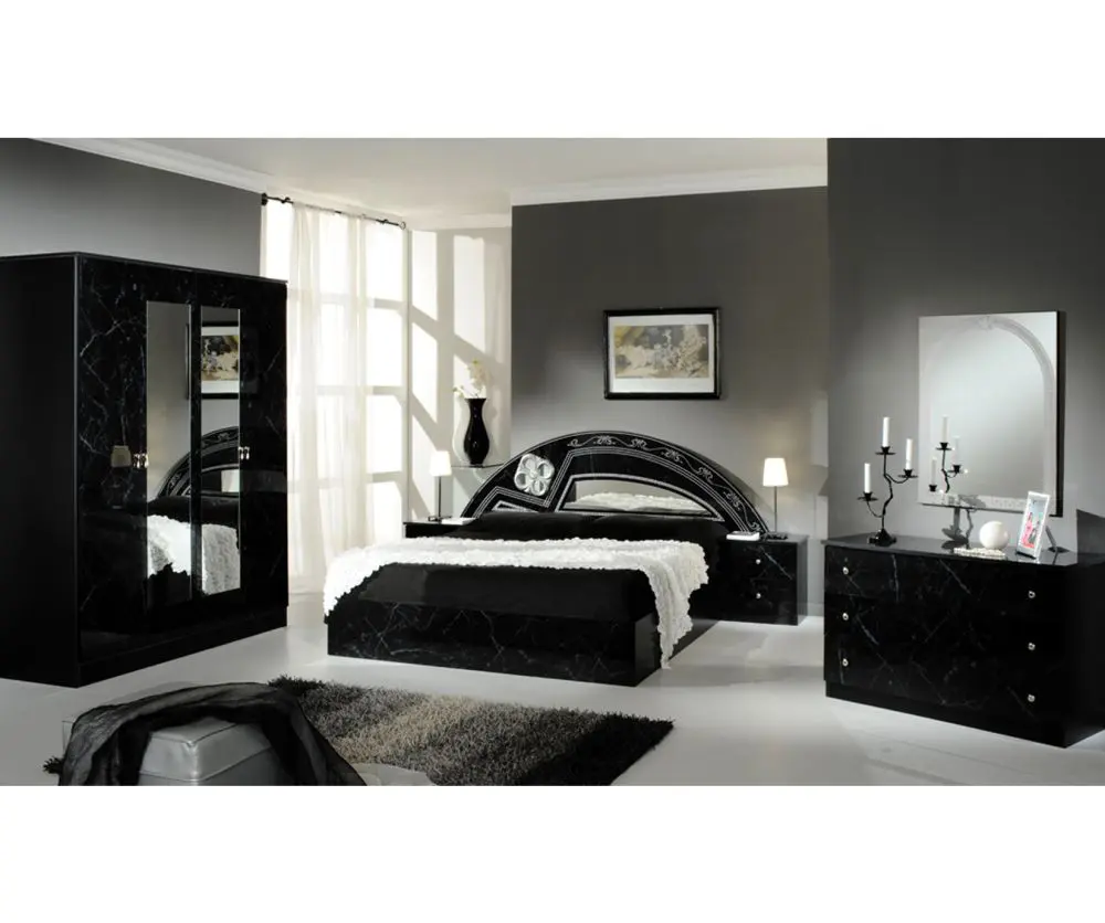 Dima Mobili Salwa Marble Black and Silver Bedroom Set with 4 Door Wardrobe