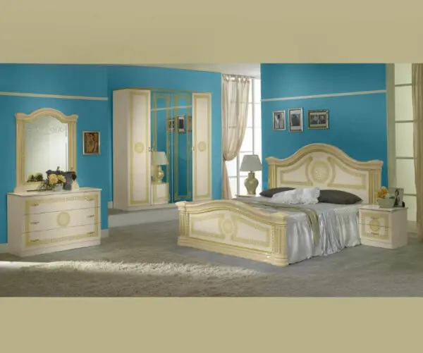 Ben Company New Serena Beige and Gold Italian Bed Group Set with 4 Door Wardrobe Italian Bedroom Set Home Store UK