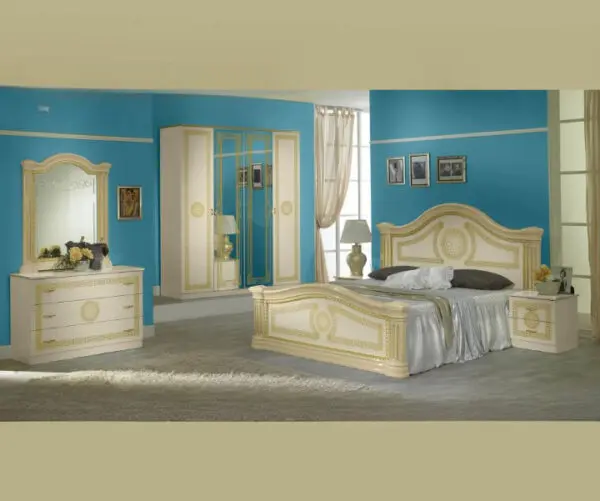 Ben Company New Serena Beige and Gold Italian Bed Group Set with 6 Door Wardrobe Italian Bedroom Set Home Store UK