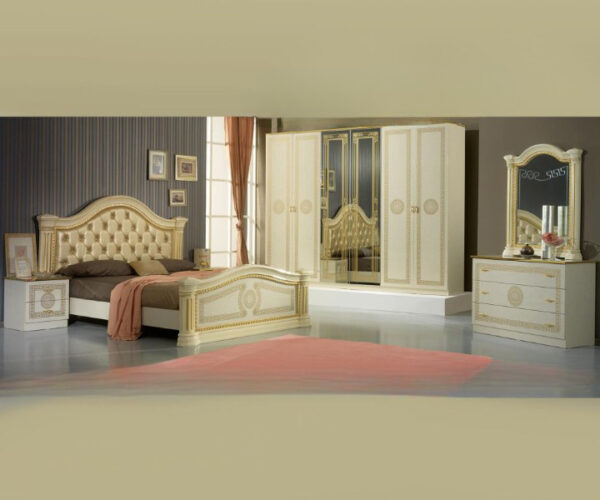 Ben Company New Serena Padded Beige and Gold Italian Bed Group Set with 4 Door Wardrobe