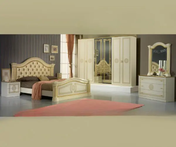 Ben Company New Serena Padded Beige and Gold Italian Bed Group Set with 6 Door Wardrobe Italian Bedroom Set home Store UK