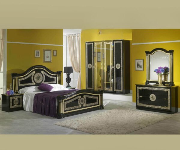 Ben Company New Serena Black and Gold Italian Bed Group Set with 4 Door Wardrobe Italian Bedroom Set Home Store Uk