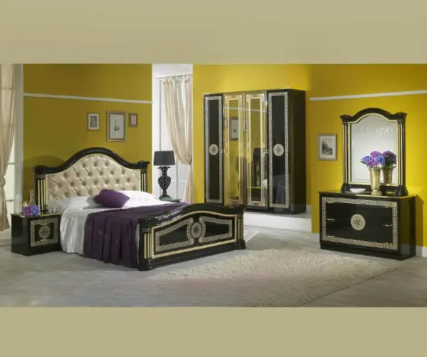 Ben Company New Serena Padded Black and Gold Italian Bed Group Set with 4 Door Wardrobe Italian Bedroom Set Home Store UK