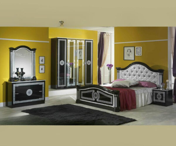 Ben Company New Serena Padded Black and Silver Italian Bed Group Set with 4 Door Wardrobe