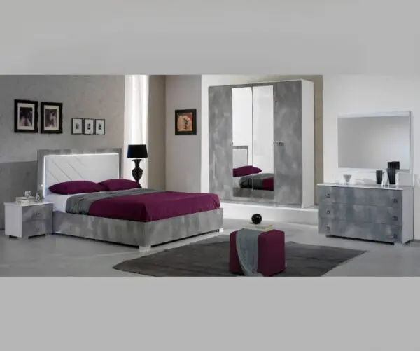 Ben Company Stella White and Grey Finish Italian Bed Group Set with 4 Door Wardrobe