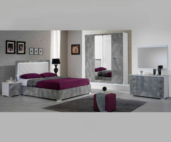 Ben Company Stella White and Grey Finish Italian Bed Group Set with 6 Door Wardrobe