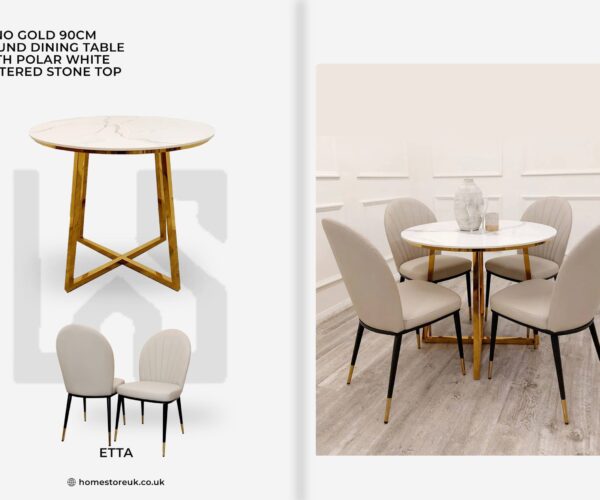 Juno Gold 90cm Round Dining Table With 4 Etta Chair’s