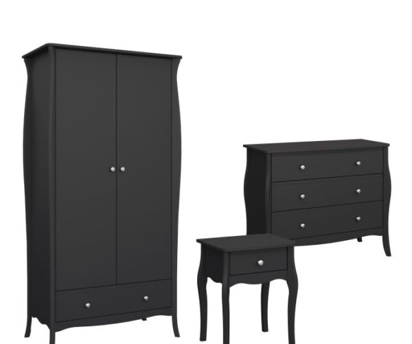 Victoria Nightstand 1 Drawer, 3 Drawer Wide Chest, 2 Door 1 Drawer Wardrobe in Black