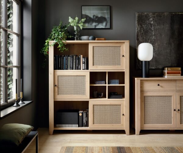 Avery 3 Sliding Door Cabinet in Jackson Hickory Oak and Rattan Effect