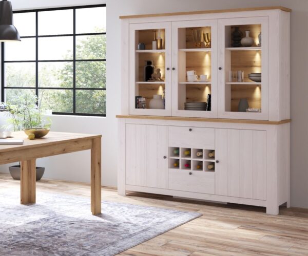 Addison 2 Door 2 Drawer Sideboard with Wine Rack and 3 Door Display Top Unit in White and Oak