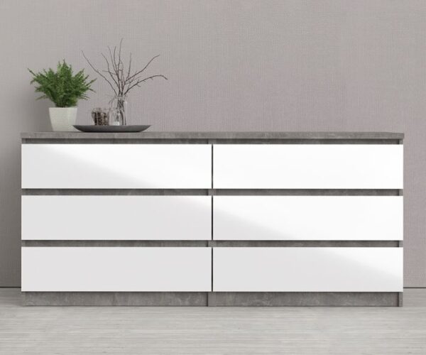 Sydney Wide Chest of 6 Drawers (3+3) in Concrete and White High Gloss