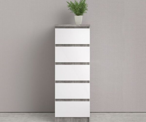 Sydney Narrow Chest of 5 Drawers in Concrete and White High Gloss