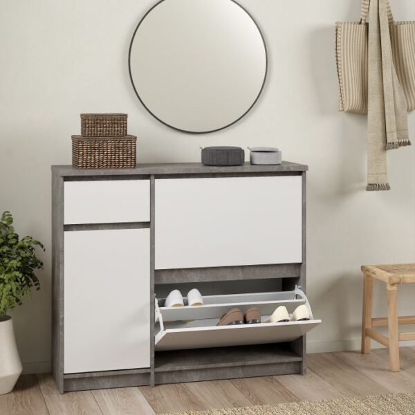 Sydney Shoe Cabinet with 2 Flip Down Doors 1 Door and 1 Drawer in Concrete and White High Gloss - Shoe Storage Cabinets - Home Store UK