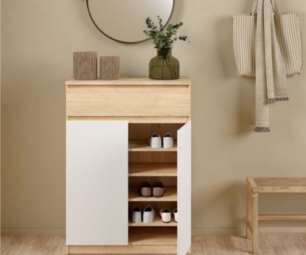 Sydney Shoe Cabinet with 2 Doors 1 Drawer in Jackson Hickory Oak and White