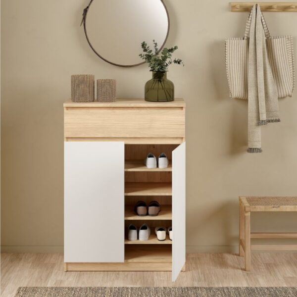 Sydney Shoe Cabinet with 2 Doors 1 Drawer in Jackson Hickory Oak and White - Shoe Storage Cabinets - Home Store UK