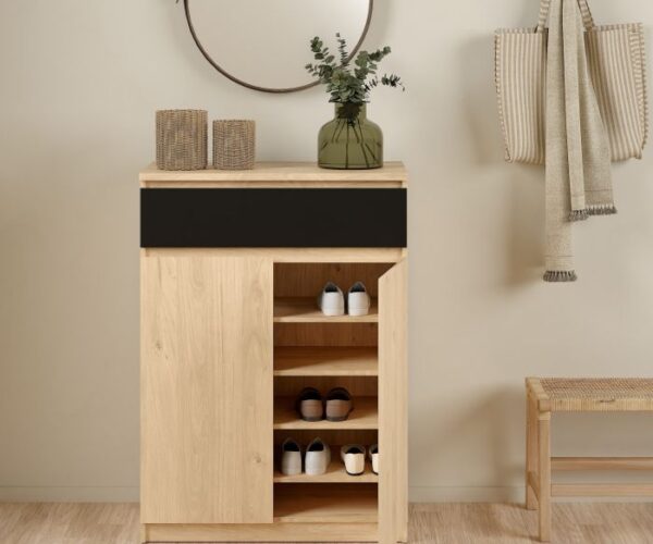 Sydney Shoe Cabinet with 2 Doors 1 Drawer in Jackson Hickory Oak and Black