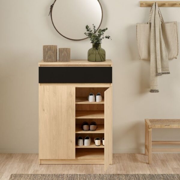 Sydney Shoe Cabinet with 2 Doors 1 Drawer in Jackson Hickory Oak and Black - Shoe Storage Cabinets - Home Store UK