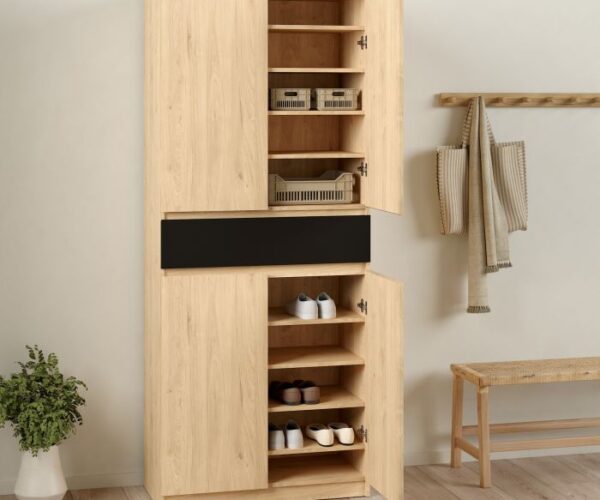 Sydney Shoe Cabinet with 4 Doors 1 Drawer in Jackson Hickory Oak and Black