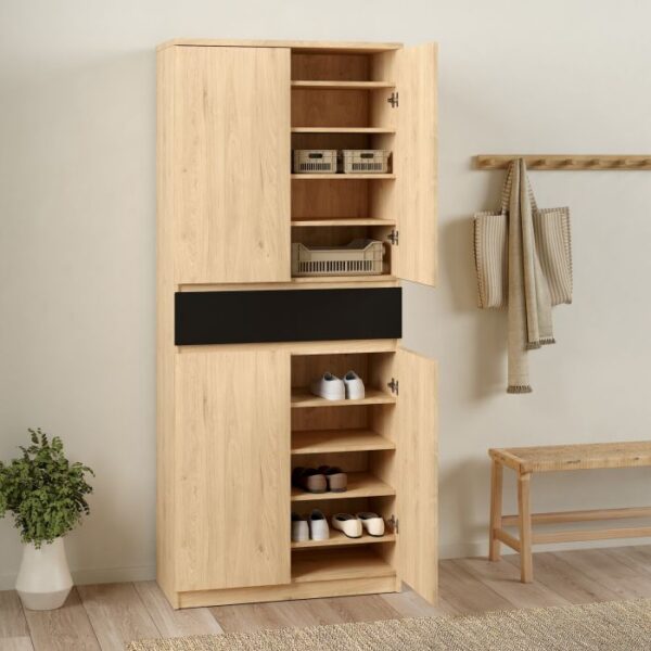 Sydney Shoe Cabinet with 4 Doors 1 Drawer in Jackson Hickory Oak and Black - Shoe Storage Cabinets - Home Store UK